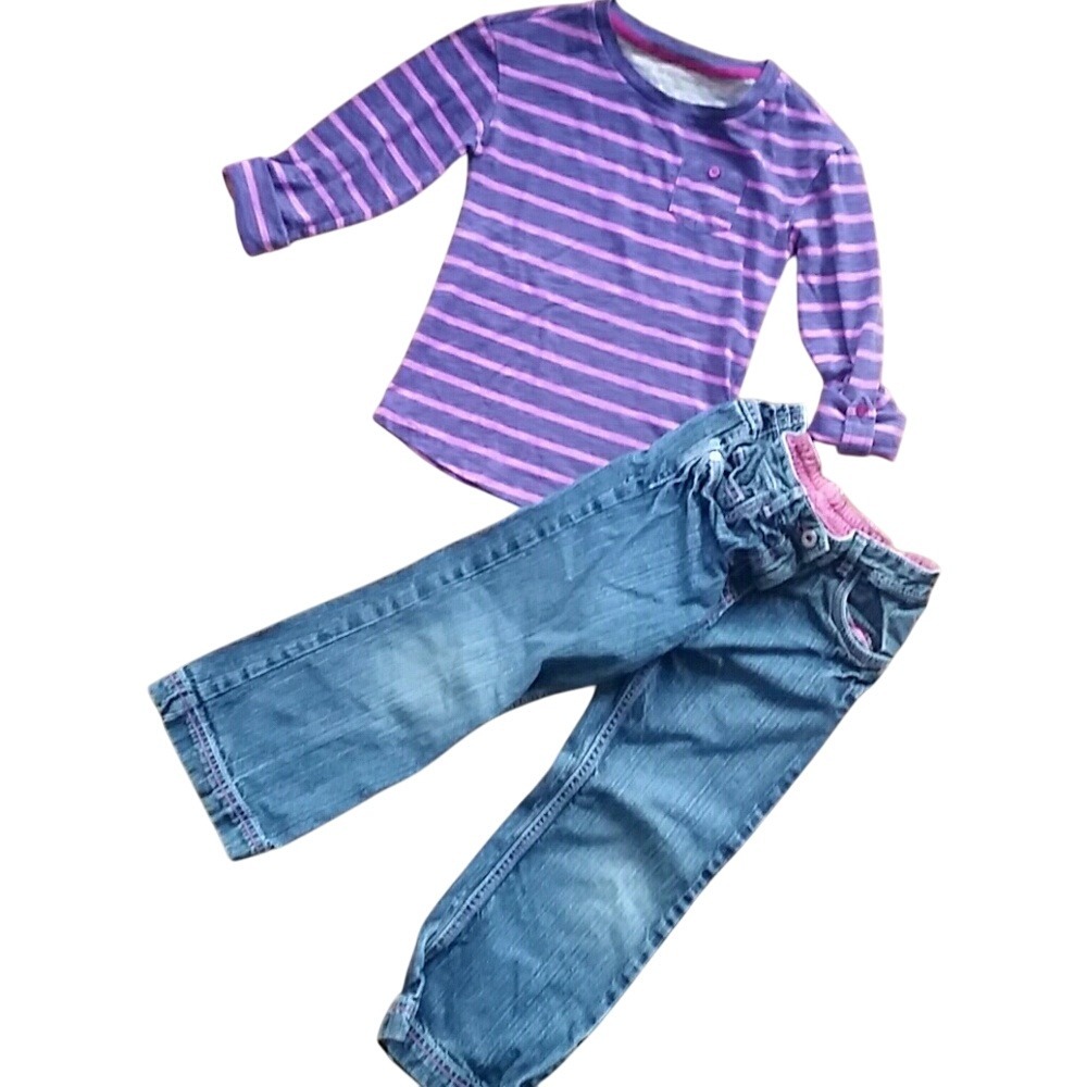 Cherokee Girls Purple Striped Top with‎ Jeans Outfit Size Toddler 4-5